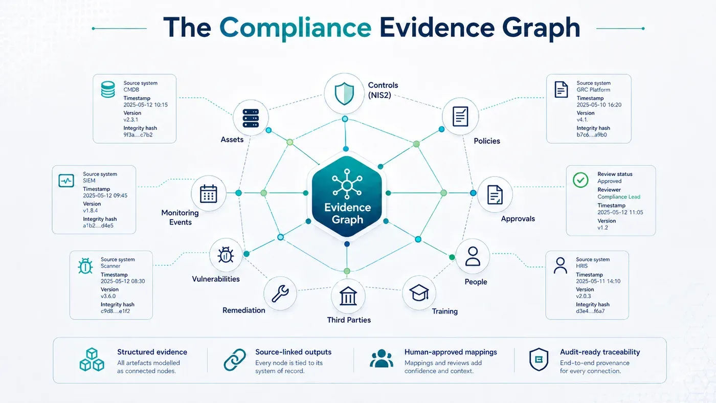 The Compliance Evidence Graph connects controls, systems, evidence, people, approvals, and provenance
